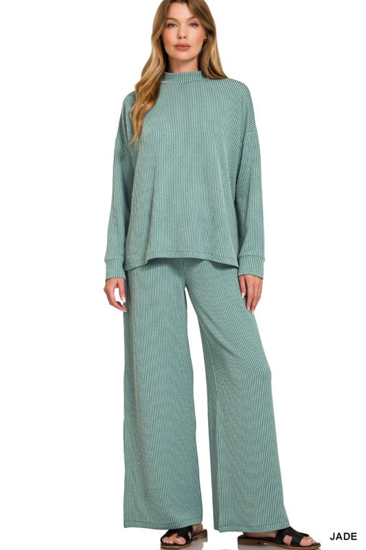 Raised Rib Mock Neck Long Sleeve Tee & Pants Set