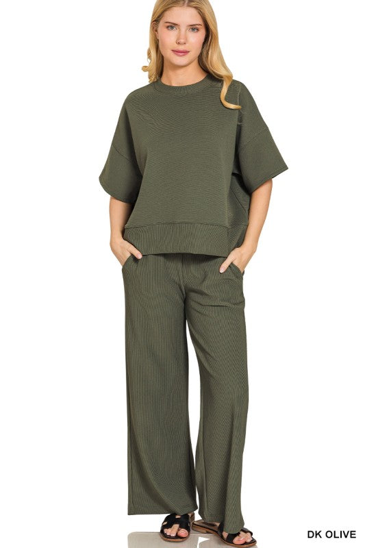 Ribbed Round Neck Tee & Pants Set