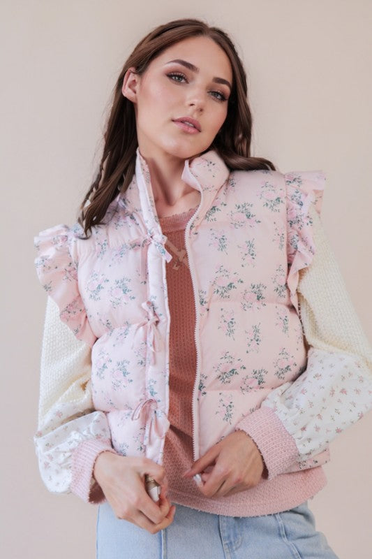 Front Bow Ruffle Sleeve Puffer Vest