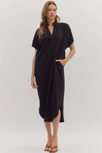Solid short sleeve midi dress featuring band collar V-neck