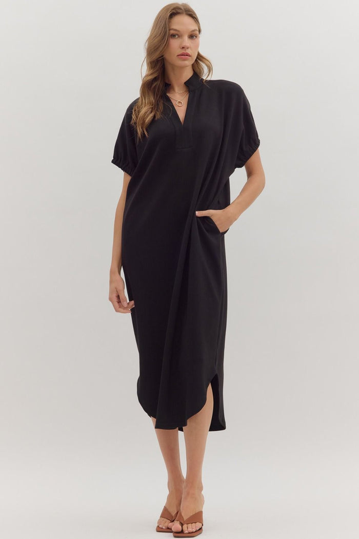 Solid short sleeve midi dress featuring band collar V-neck
