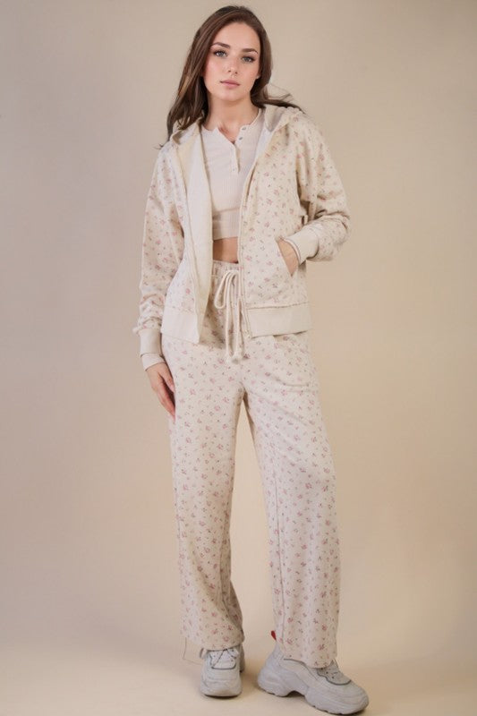 Oversized Floral Printed Zip Up Hoodie Pants Set