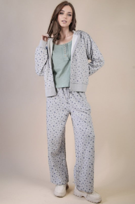 Oversized Floral Printed Zip Up Hoodie Pants Set