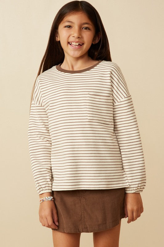 Girls Soft Stripe Knit Contrast Long Sleeve Tee