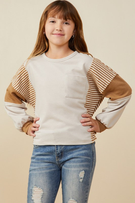Girls Stripe And Color Block Sleeve Detail Knit