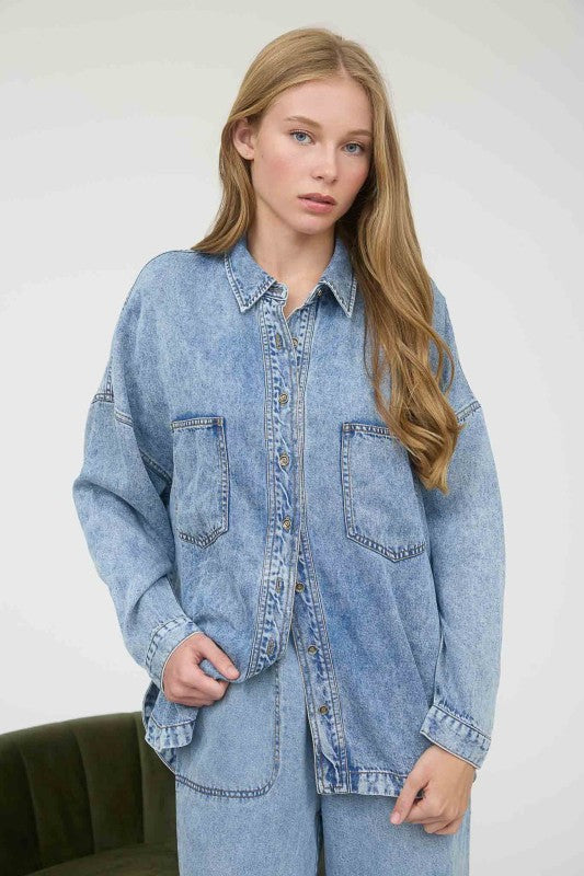 Washed Chambray Button Down Long Sleeve Shirt