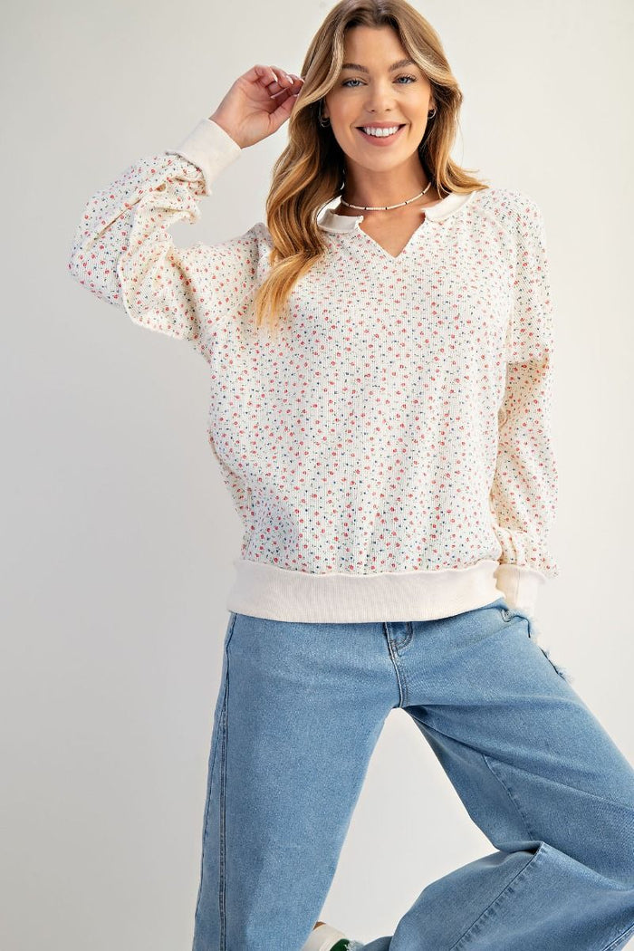 FLORAL PRINT WASHED THERMAL PULLOVER