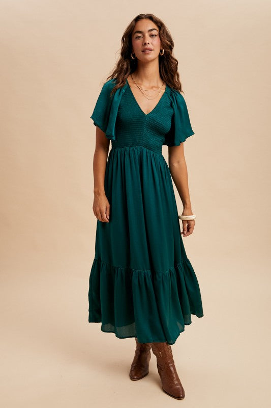 Smocked Washed Satin Midi Dress