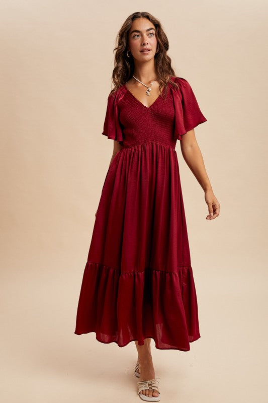 Smocked Washed Satin Midi Dress