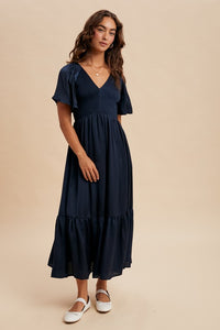 Smocked Washed Satin Midi Dress