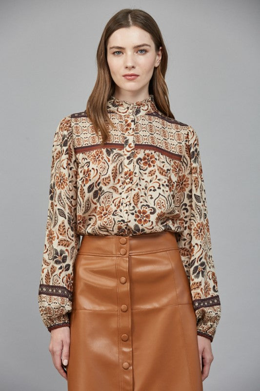 Front Button Closure Ruffled Neck Blouse
