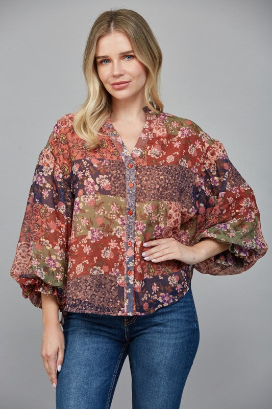 Front Button Closure Ruffled V-neckline Blouse
