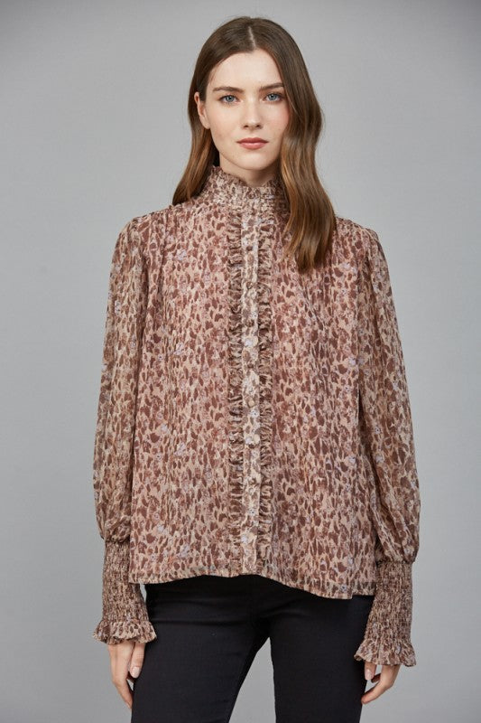 Ruffled Placket Long Sleeve Blouse