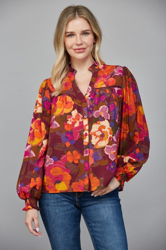 Button-down Ruffled V-neck Blouse