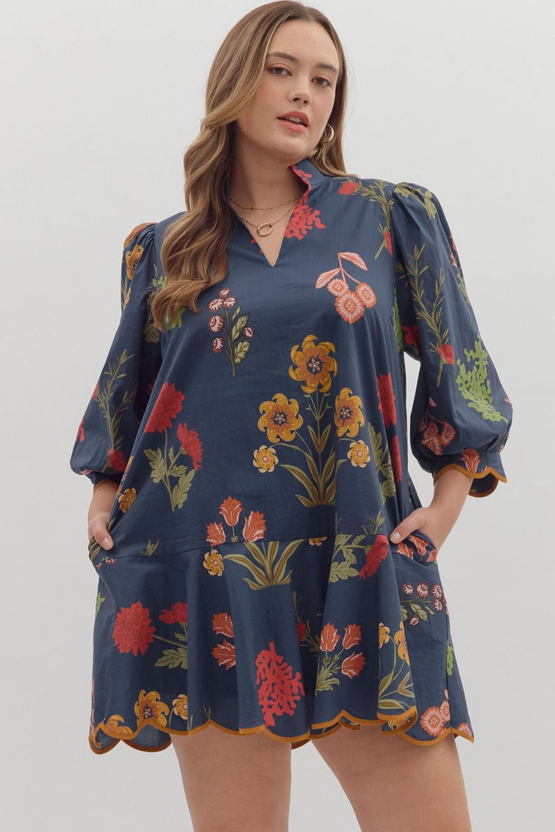 Floral print puff sleeve mini dress featuring V-neck and scallop hem
