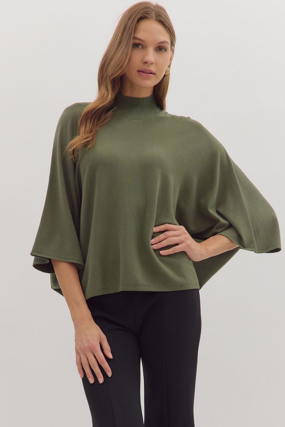 Solid mock neck 3/4 sleeve knit top