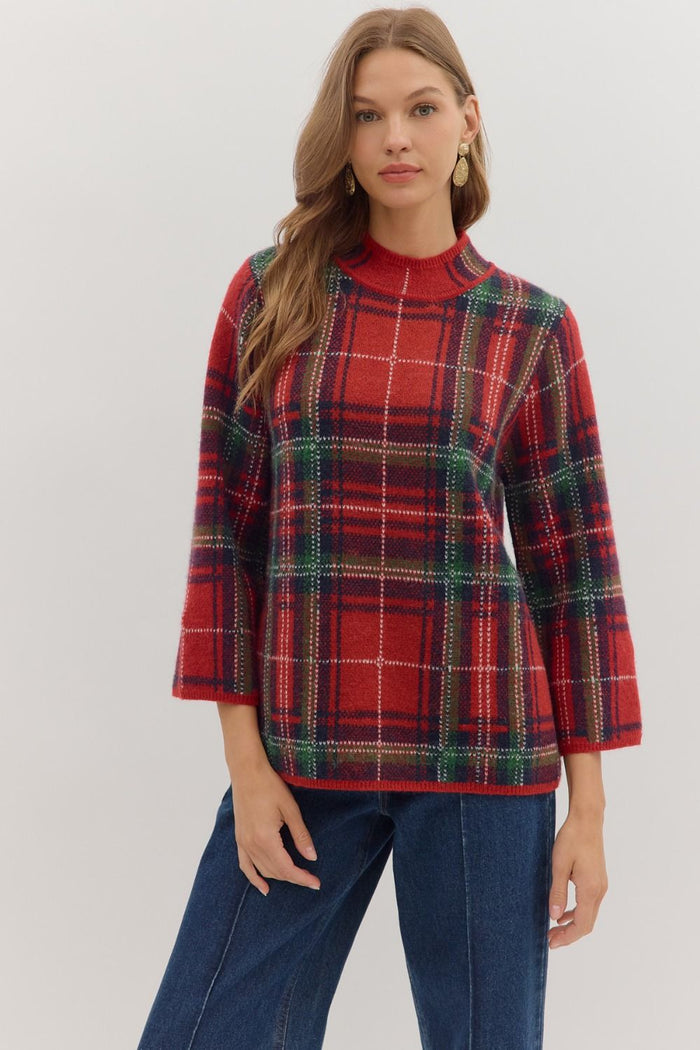 Plaid long sleeve mock neck sweater top