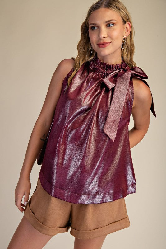 Ruffle Neck Tie Sleeveless Top