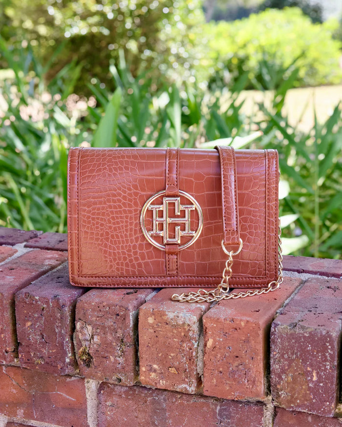 Caroline Hill Cecilia Circle Logo Handbag Saddle EC