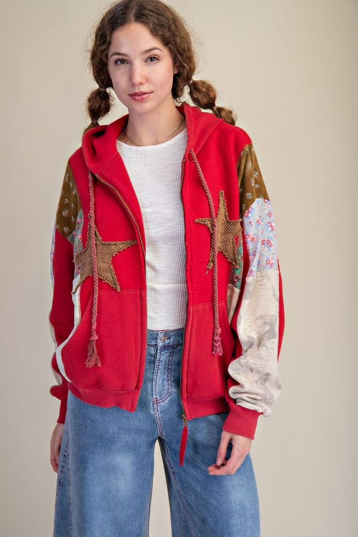 STAR PATCH FRONT WASHED TERRY HOODIE JACKET