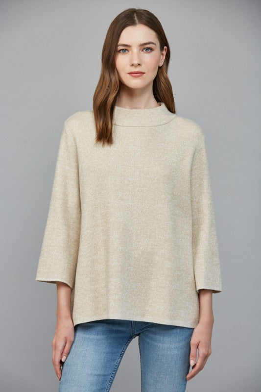 Metallic Yarn Mixed Mock Neck 3/4 Bell Slv Sweater