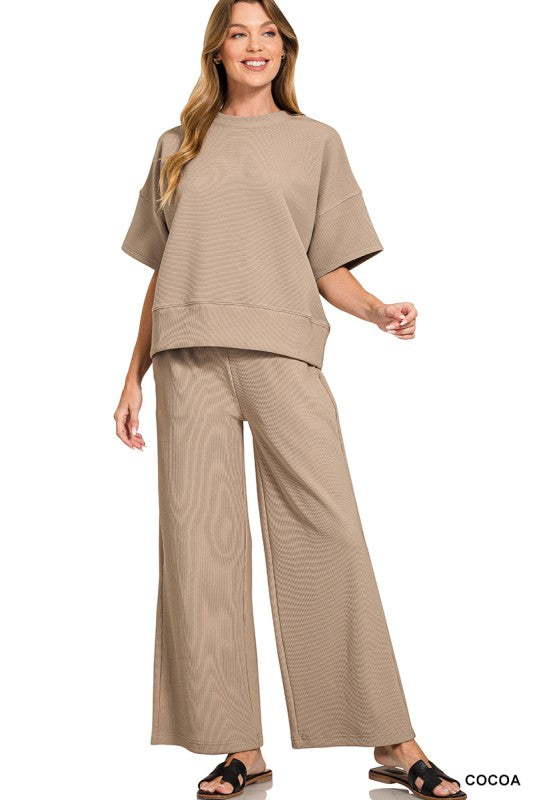 Ribbed Round Neck Tee & Pants Set