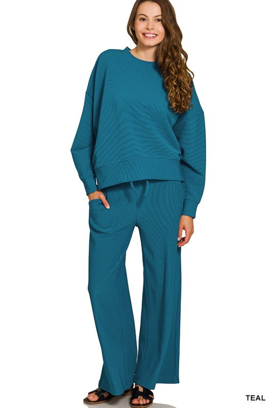 Ribbed Round Neck Pullover & Pants Set