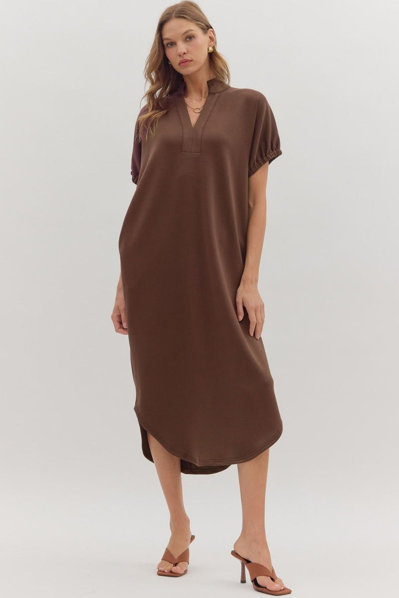 Solid short sleeve midi dress featuring band collar V-neck