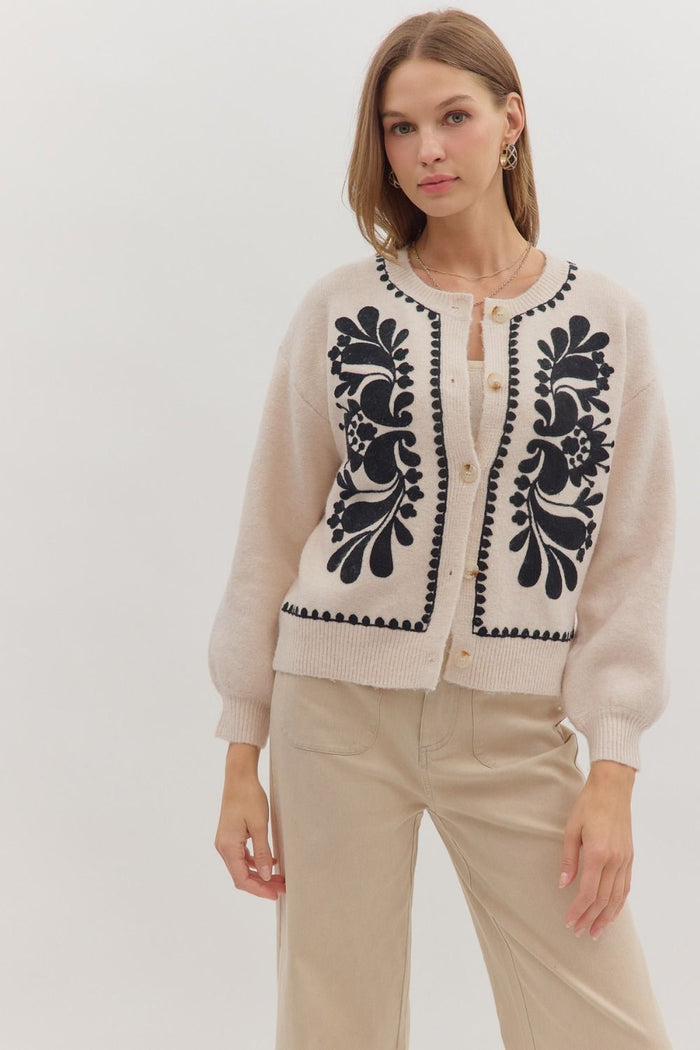 Floral embroidery long sleeve sweater knit cardigan