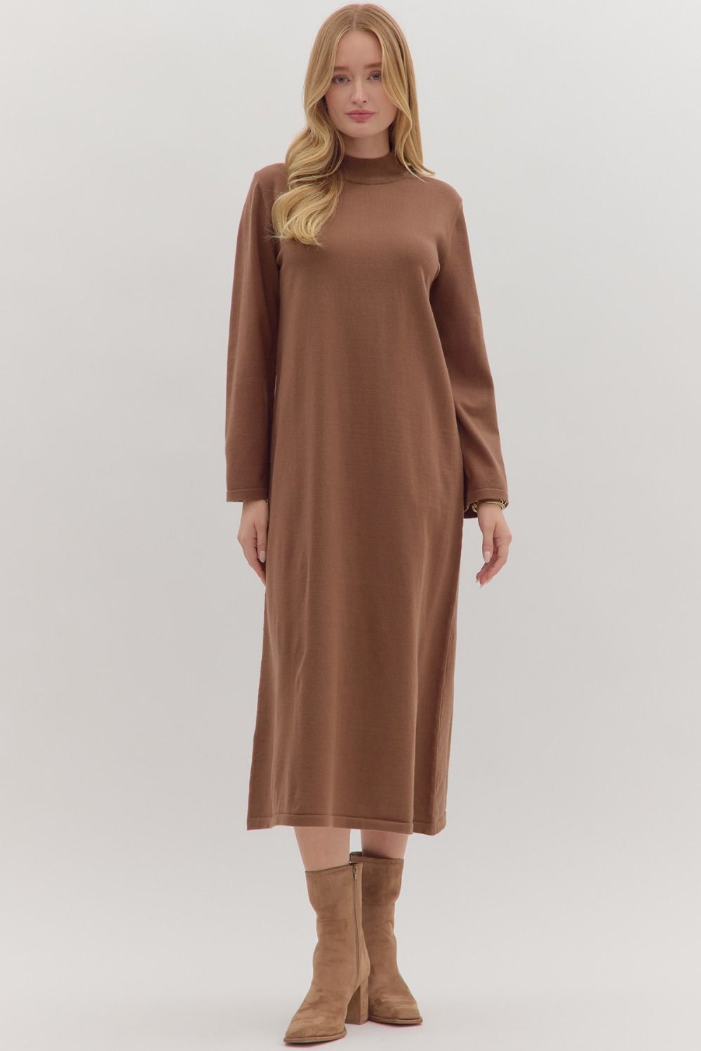 Solid mock neck long sleeve midi dress