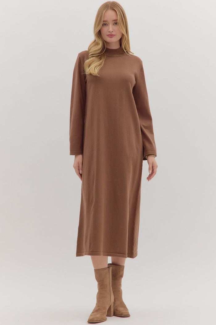 Solid mock neck long sleeve midi dress