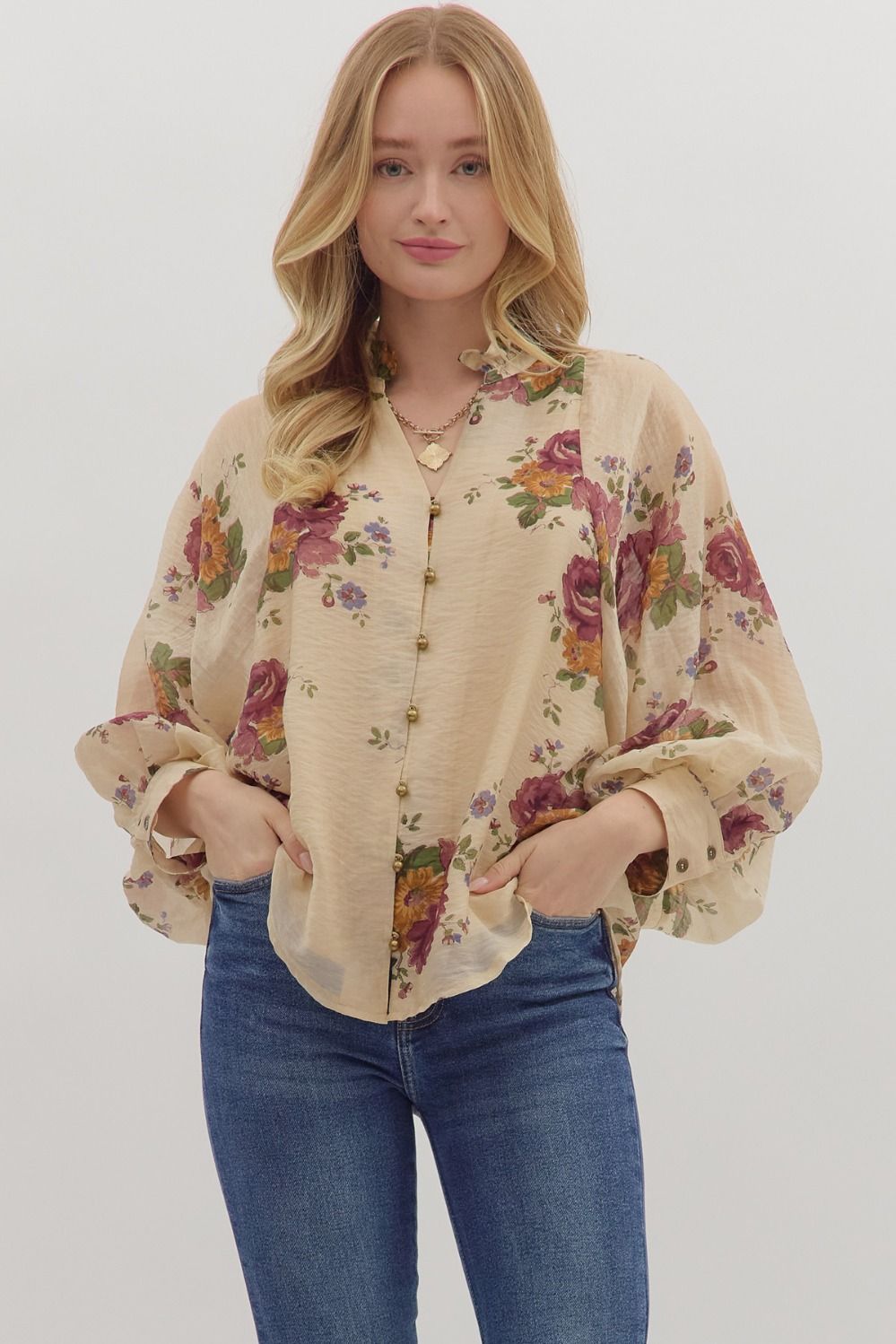 Floral print long puff sleeve top