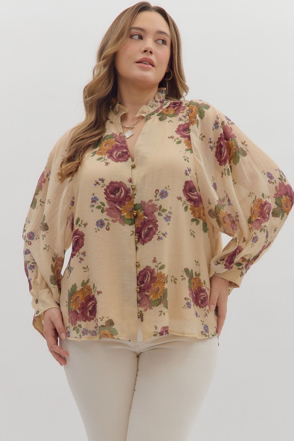Floral print long puff sleeve top