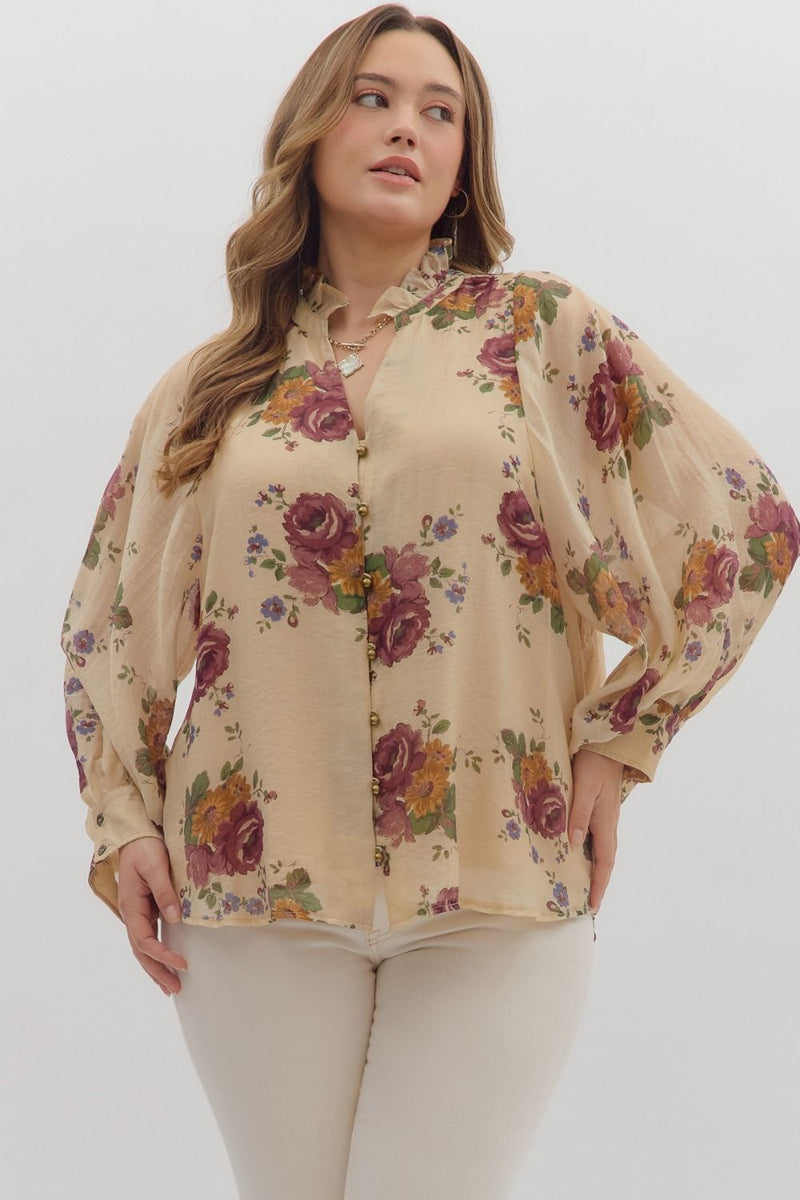 Floral print long puff sleeve top