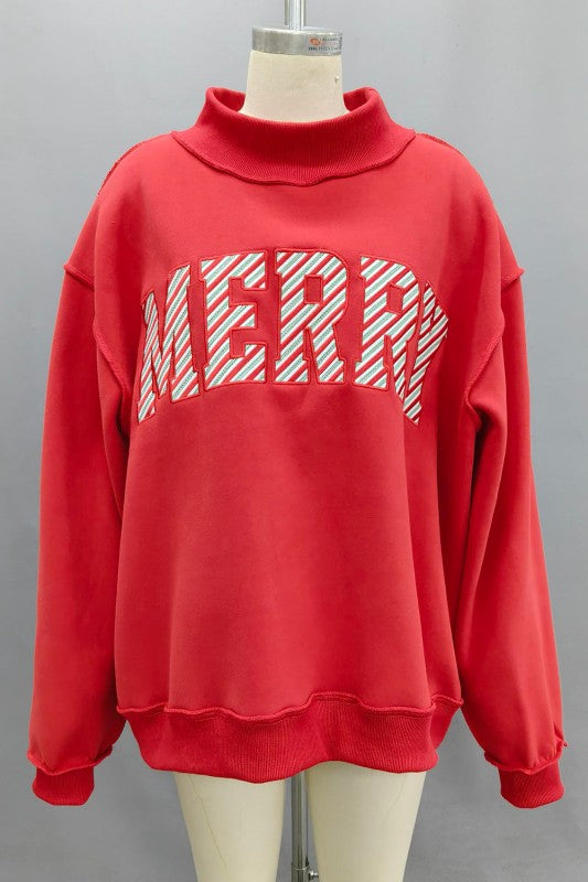 Merry Embroidered Mock Neck Sweatshirt