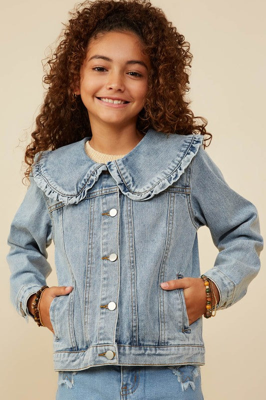 Girls Exaggerated Ruffle Collar Denim Jacket