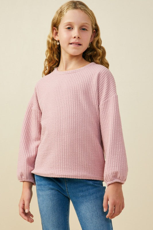 Girls Brushed Ribbed Puff Sleeve Knit Top