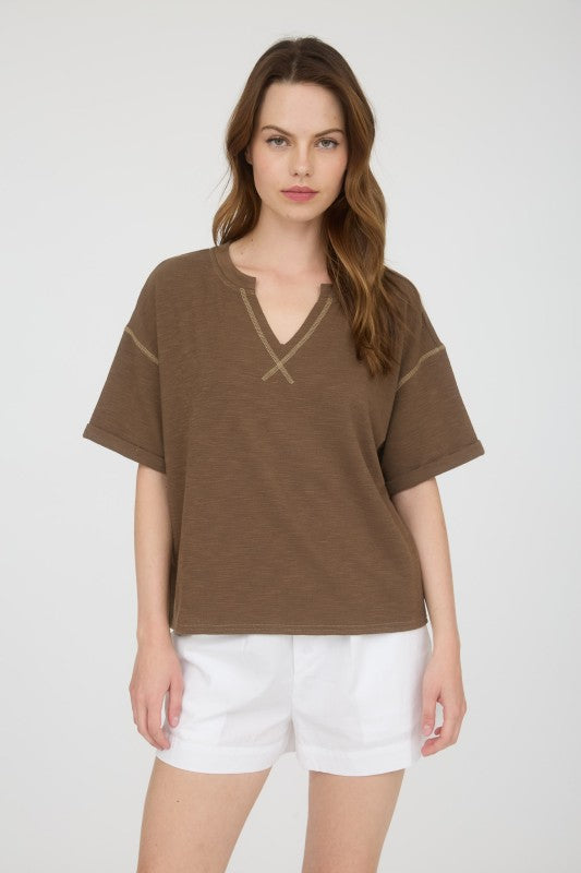 Contrast Stitch Drop Shoulder Cuff Sleeve Knit Top