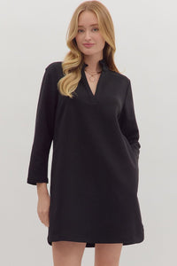 Solid long sleeve mini dress featuring split V-neck with stand collar