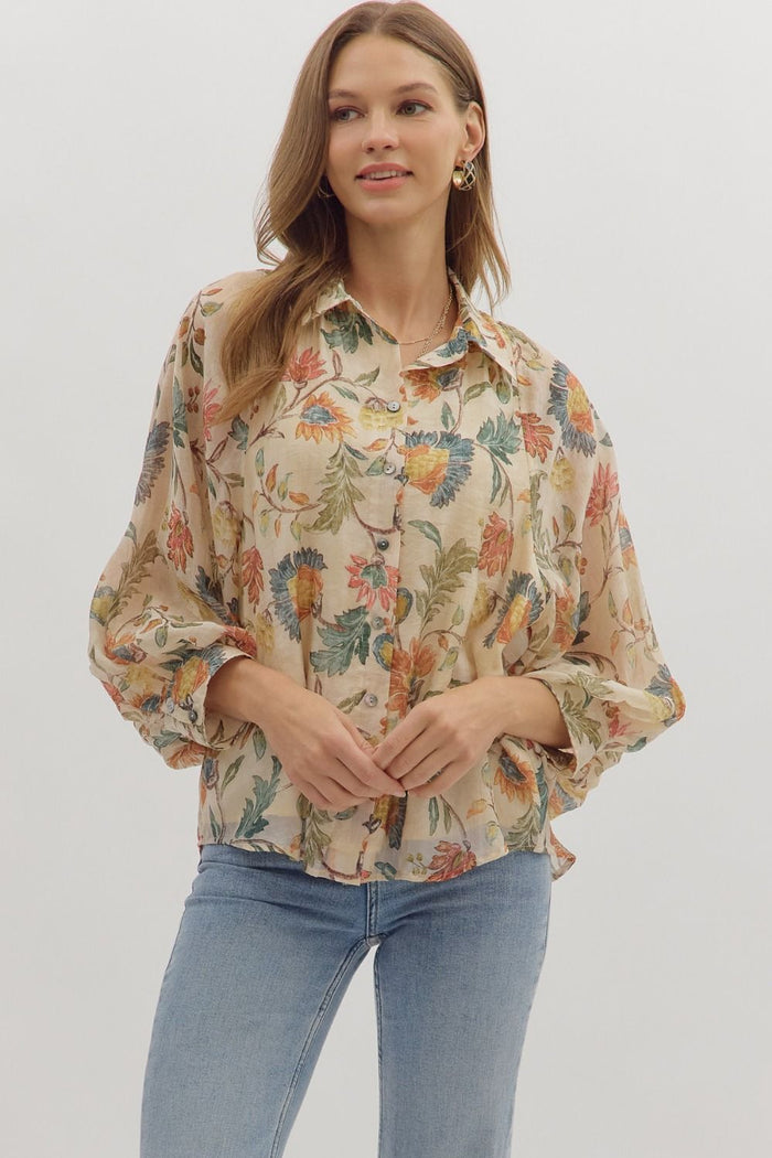 Floral print 3/4 sleeve button-down top