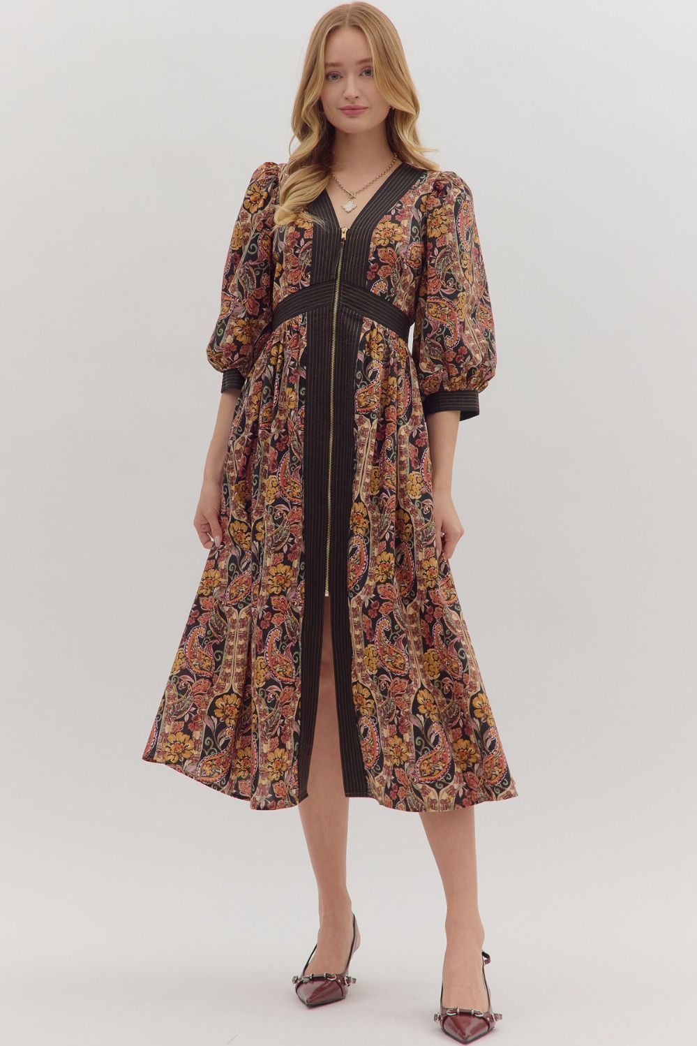 Paisley print puff sleeve midi dress