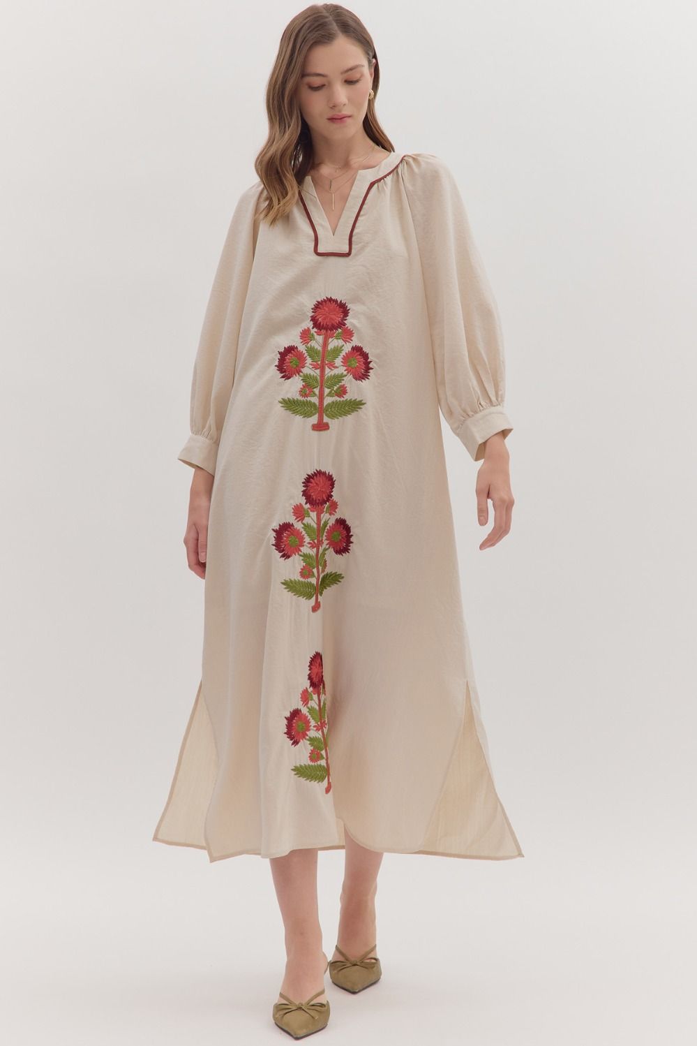 Embroidered floral long sleeve maxi dress featuring contrast trim