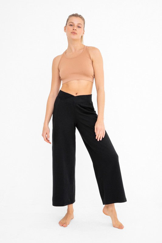 Ribbed Crossover Waist Wide Leg Lounge Pants