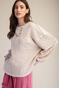 PLUS SIZE-LACE MIX WASHED THERMAL KNIT PULLOVER