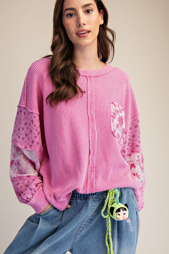 PLUS SIZE-LACE MIX WASHED THERMAL KNIT PULLOVER