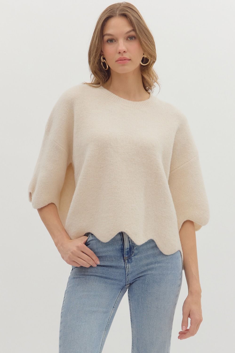 Solid sweater knit relaxed fit pullover top