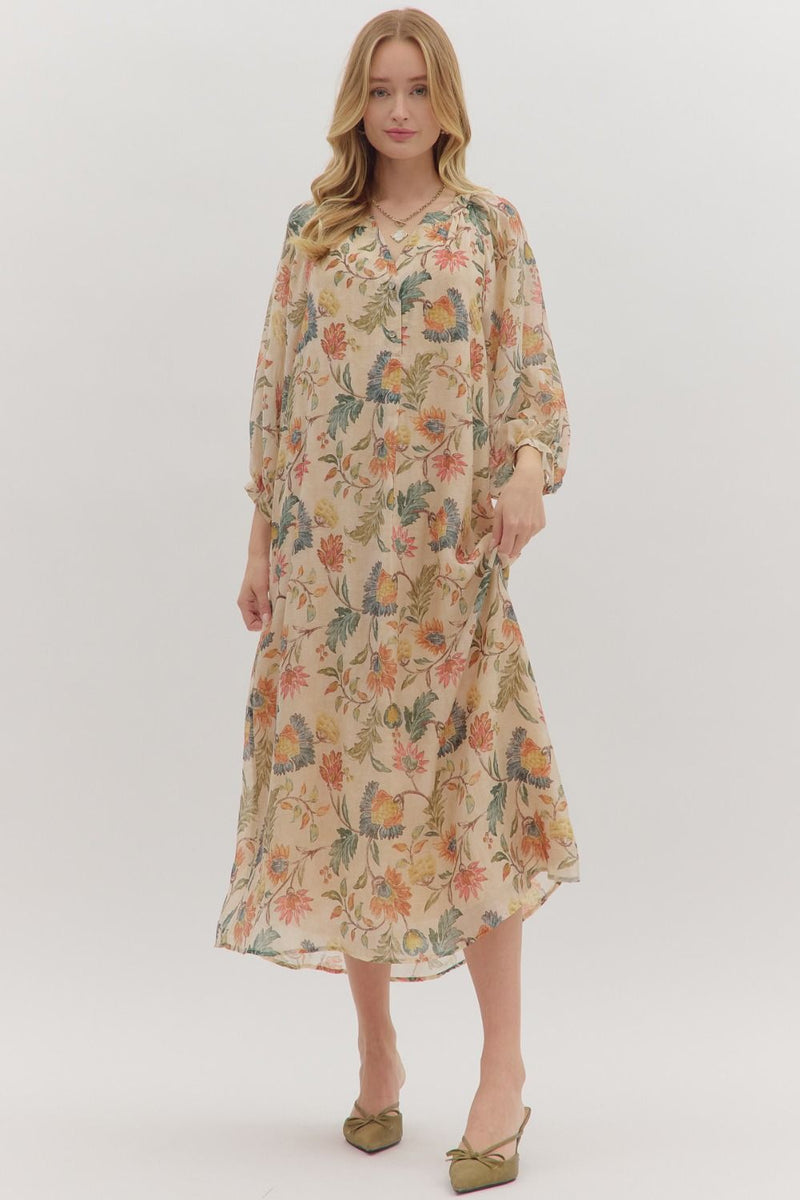 Botanical print long sleeve midi dress
