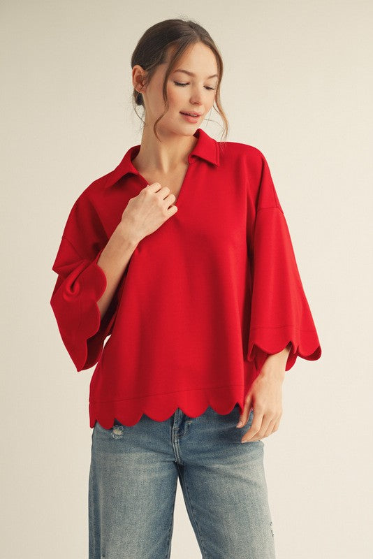 Plus size 3/4 sleeves v neck top with scallop edge detail