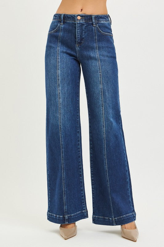 Risen Mid Rise Wide Leg Jeans With Front Seam Detail