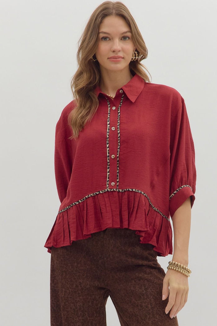 Solid cuff band ¾ dolman sleeve ruffle hem top